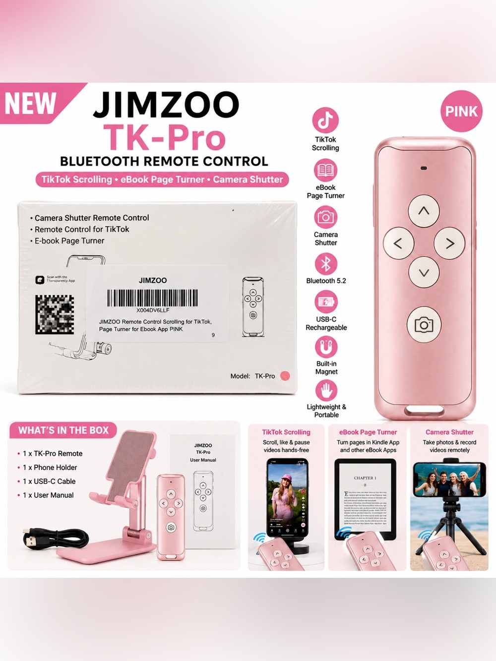 NIB -JIMZOO TK-Pro TikTok Remote Kindle App Page Turner Bluetooth Camera Remote